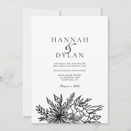 Sketched Botanical Bouquet Wedding QR Code Einladung (Vorderseite)