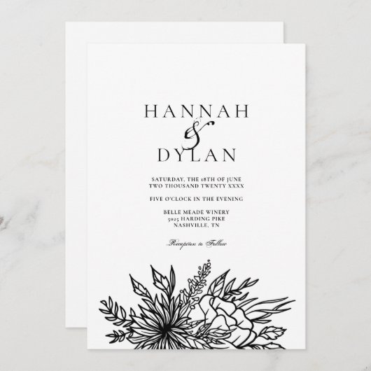 Sketched Botanical Bouquet Wedding QR Code Einladung (Vorne/Hinten)