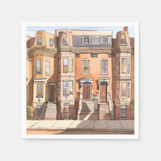 Sketched Brownstones | Boston Street Painting Serviette (Vorderseite)