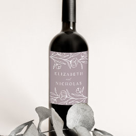 Sketched Floral Dusty Lila Wedding Weinetikett