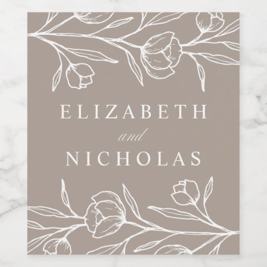 Sketched Floral Taupe Wedding Weinetikett (Einzelnes Label)