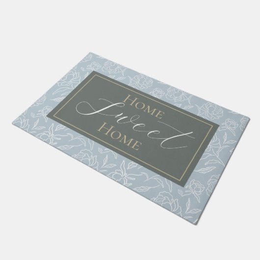 Sketched Peonies Dusty Blue Fußmatte (Schrägansicht)