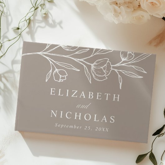 Sketched Taupe Floral Foto Wedding Gästebuch