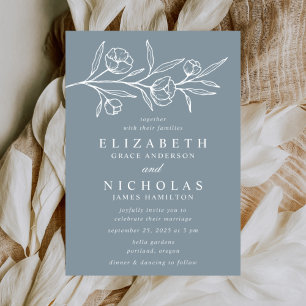 Sketches Florales Hochzeit in Staubigem Blau Einladung