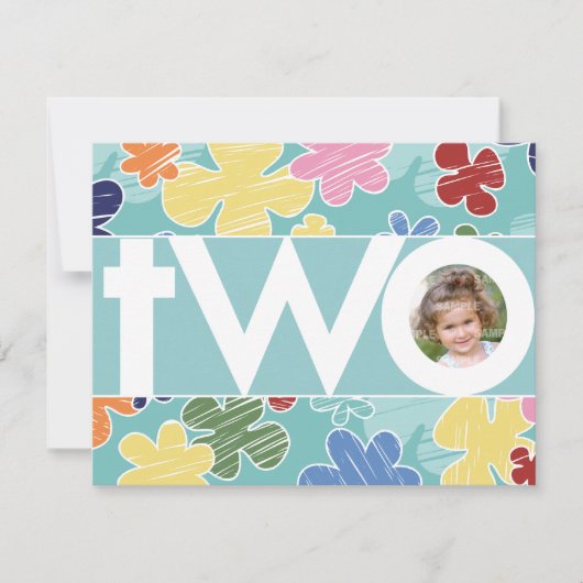 Sketchy-Blume Aquamarin Zweite Geburtstagspartei Einladung (Vorderseite)