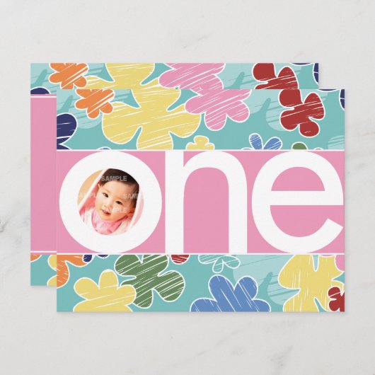 Sketchy Blume Erster Geburtstag Rosa Einladung (Vorne/Hinten)