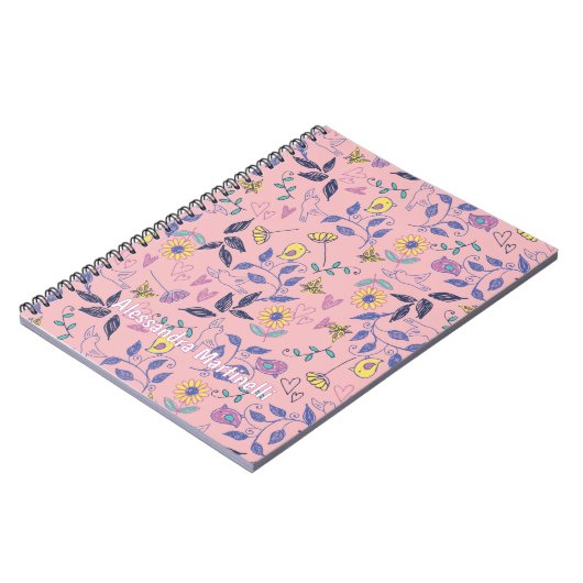 Sketchy Blume Herz Birds Reben Rosa Notizblock (Linke Seite)