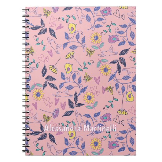 Sketchy Blume Herz Birds Reben Rosa Notizblock (Vorderseite)