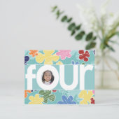 Sketchy Blume Vierte Geburtstagspartei Aquamarin Einladung (Stehend Vorderseite)