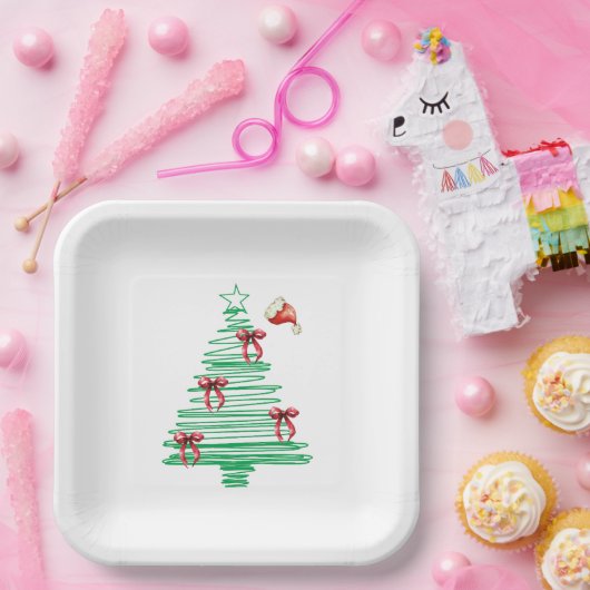 sketchy christmas tree with red bow and santa hat pappteller (Party)