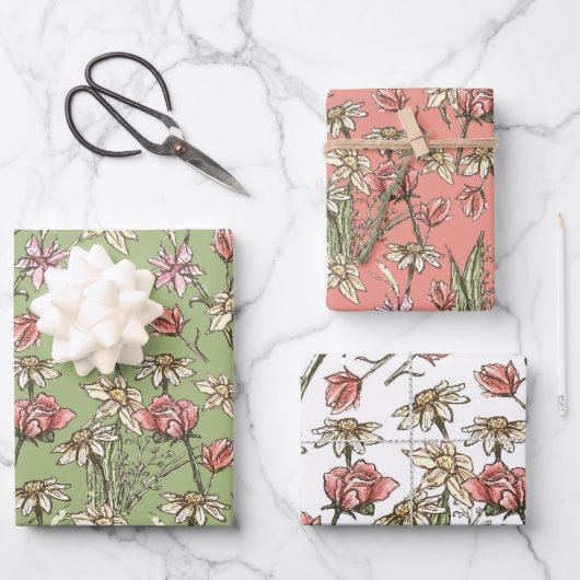 Sketchy Floral Jeden Anlaß Gift Wrap Geschenkpapier Set (Vorderseite)