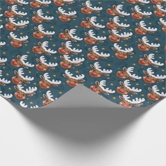 Sketchy Winking Reindeer Face Teal Pattern Geschenkpapier (Ecke)