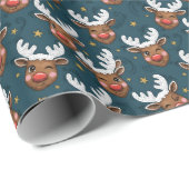 Sketchy Winking Reindeer Face Teal Pattern Geschenkpapier (Rolleneckpunkt)