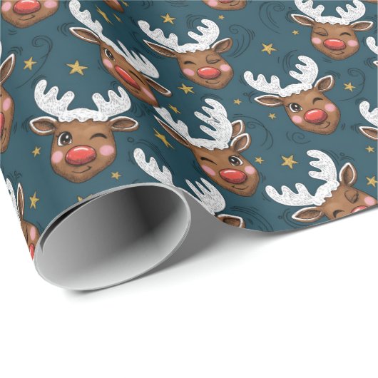 Sketchy Winking Reindeer Face Teal Pattern Geschenkpapier (Rolleneckpunkt)