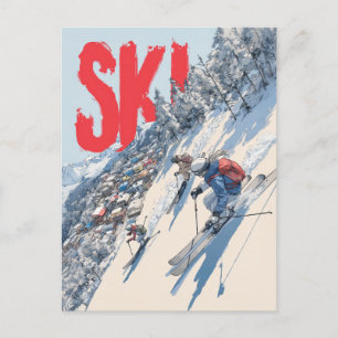 Ski-Abenteuer am Berghang Postkarte