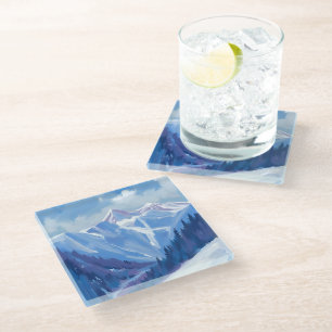 Ski Berg   Blaue Aquarell-Gebirgskette Glasuntersetzer