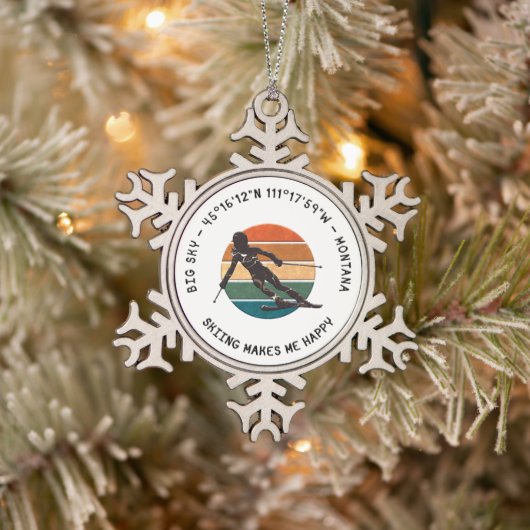 Ski Big Sky, Montana Skier, Schwarzer Text Schneeflocken Zinn-Ornament (Baum)