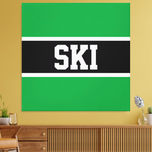 SKI Bold Sporty Bright Green Schwarz-weiß Stripes Leinwanddruck