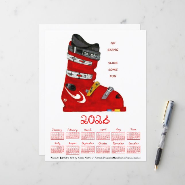 Ski Boot Go Skiing Slide Some Fun 2026 Calendar (Vorderseite/Rückseite Beispiel)