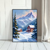 Ski Cabin Mountain Landscape Watercolor Winter Poster