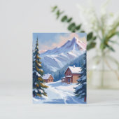 Ski Cabin Mountain Landscape Watercolor Winter Postkarte (Stehend Vorderseite)
