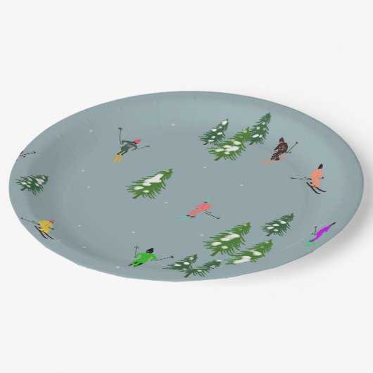 Ski Eröffnung Weihnachten Skiurlaub Skifahrer Blau Pappteller (Schrägansicht)