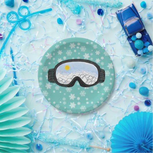 Ski Goggles Bergblick Schneeflocken Blau Pappteller (Party)