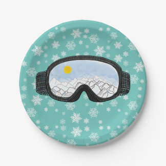 Ski Goggles Bergblick Schneeflocken Blau Pappteller