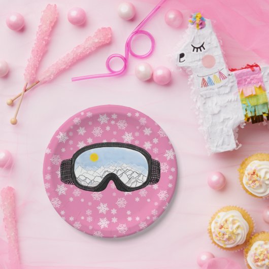 Ski Goggles Bergblick Schneeflocken Rosa Pappteller (Party)