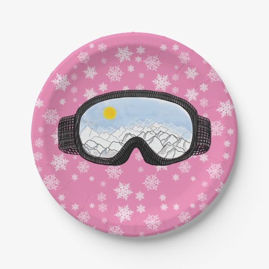 Ski Goggles Bergblick Schneeflocken Rosa Pappteller (Vorderseite)