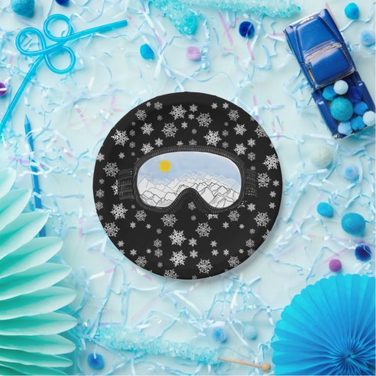 Ski Goggles Bergblick Schneeflocken Schwarz Pappteller (Party)