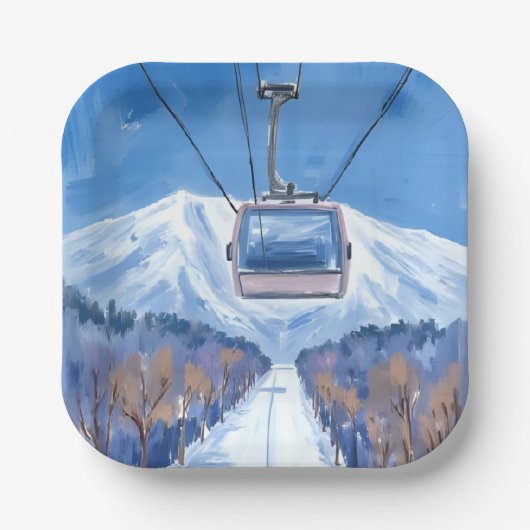 Ski Gondola Snow Mountain Watercolor Pappteller (Vorderseite)
