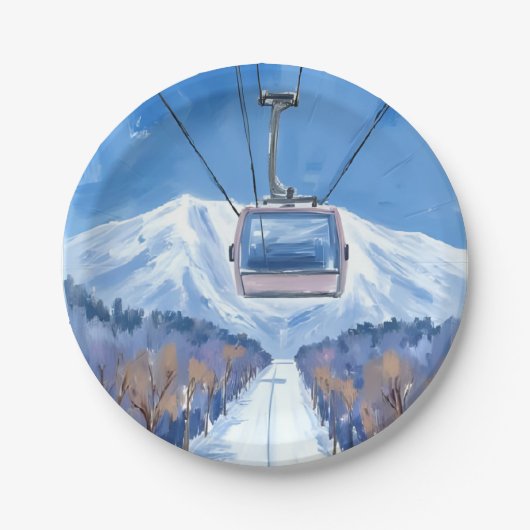 Ski Gondola Snow Mountain Watercolor Pappteller (Vorderseite)