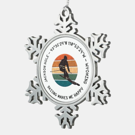 Ski Jackson Hole, Wyoming - Man Skier, Schwarzer T Schneeflocken Zinn-Ornament (Rechts)