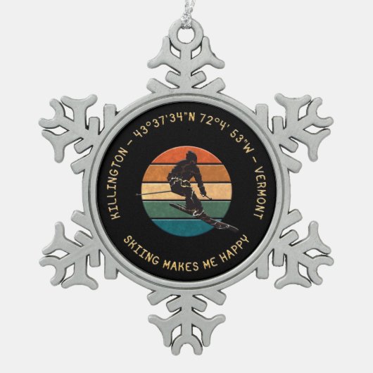 Ski Killington, Vermont - Man Skier, gelber Text Schneeflocken Zinn-Ornament (Vorderseite)