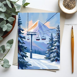 Ski Lift | Berg Winter Aquarell Skifahren Postkarte