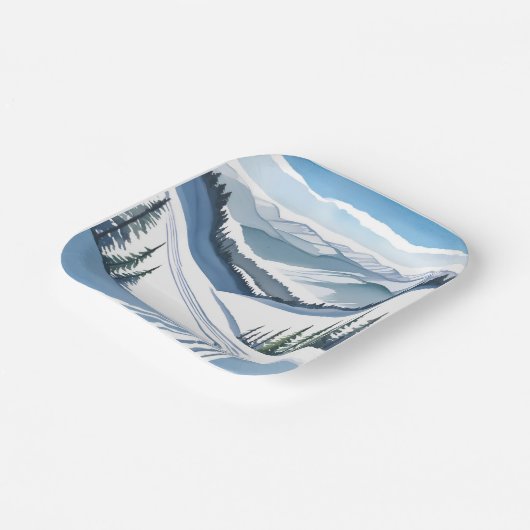 Ski Mountain Watercolor Pappteller (Gewinkelt)