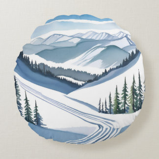 Ski Mountain Watercolor Rundes Kissen