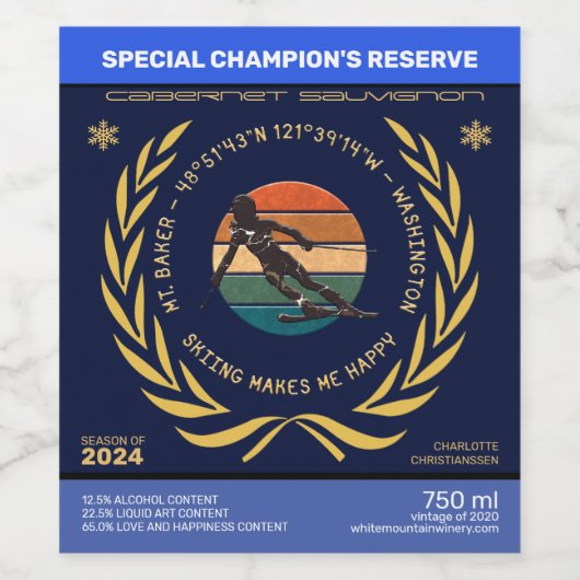 Ski Mt. Baker, Washington - Lady Skier Gelber Text Weinetikett (Einzelnes Label)