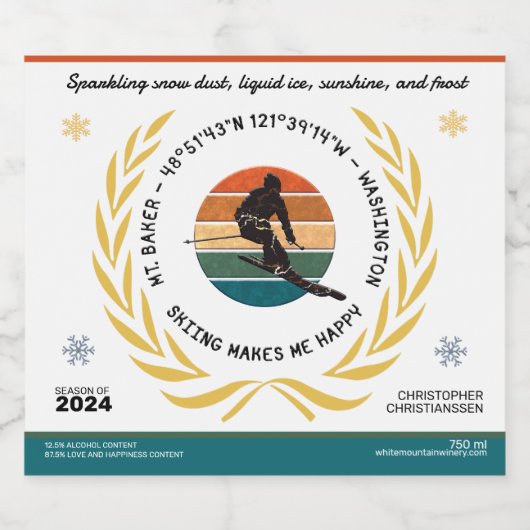 Ski Mt. Baker, Washington - Man Skier, Schwarzer T Schaumweinetikett (Einzelnes Label)