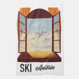 Ski Österreich Fenster Reiseplakat. Geschirrtuch