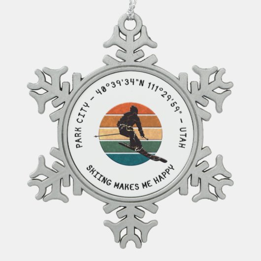 Ski Park City, Utah - Man Skier, Schwarzer Text Schneeflocken Zinn-Ornament (Vorderseite)