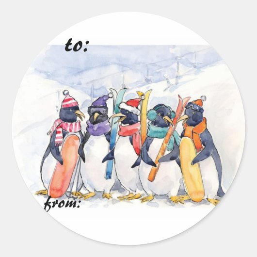 Ski Penguins Geschenketiketten Runder Aufkleber (Vorderseite)