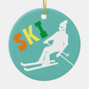 Ski Retro Skier Winter Aquamarin White Keramik Ornament