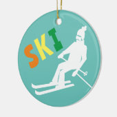 Ski Retro Skier Winter Aquamarin White Keramik Ornament (Links)