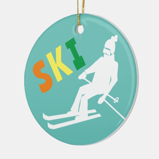 Ski Retro Skier Winter Aquamarin White Keramik Ornament (Links)