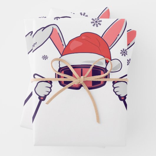 Ski Santa Rabbit mit Weihnachtsmannmütze und Skist Geschenkpapier Set (Beispiel)