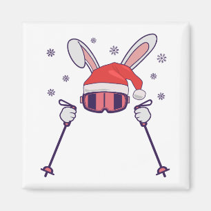 Ski Santa Rabbit mit Weihnachtsmannmütze und Skist Magnet