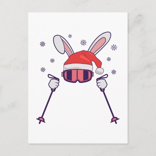 Ski Santa Rabbit mit Weihnachtsmannmütze und Skist Postkarte (Vorderseite)