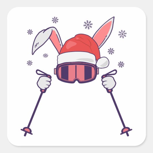 Ski Santa Rabbit mit Weihnachtsmannmütze und Skist Quadratischer Aufkleber (Vorderseite)